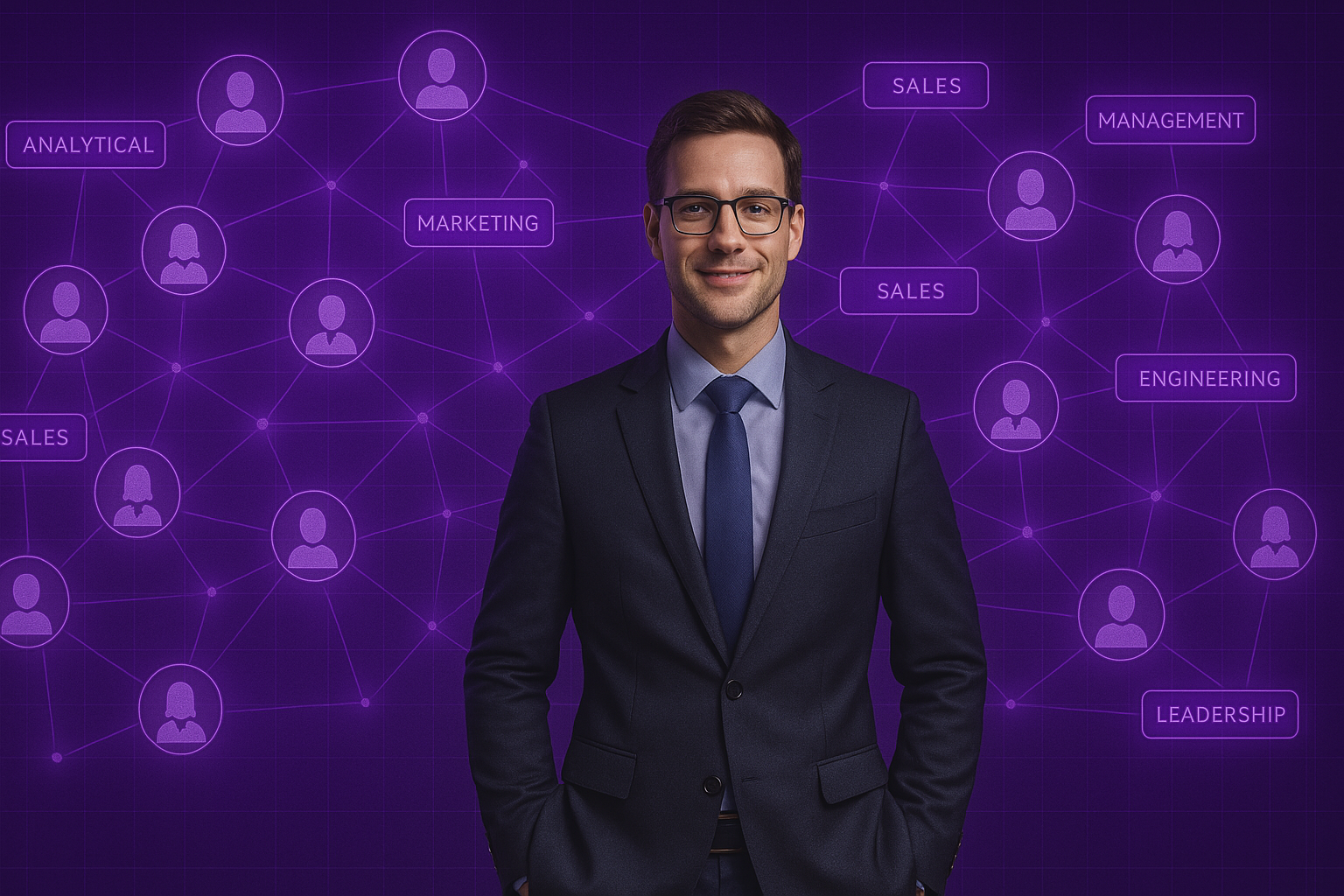 RecruiterBD Hero Image, Picture of a man in a suit in front of a network of people